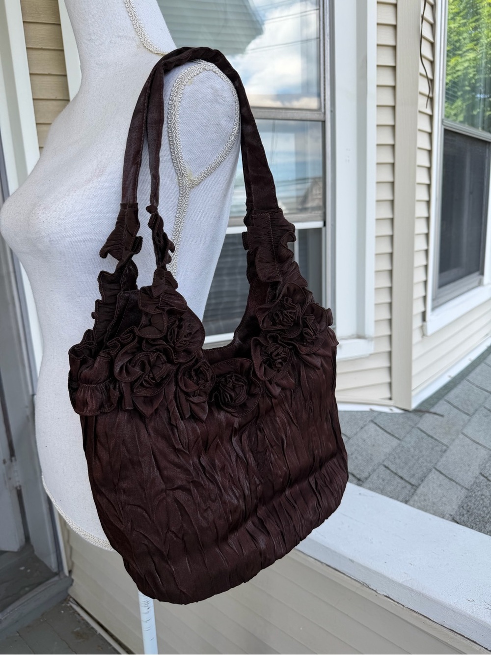 Hand Crafted, One of a Kind, Chocolate Brown Floral Appliqué Hobo Shoulder Bag
